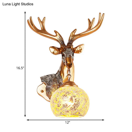 Deer Head Resin Sconce Light Fixture In Gold With Orb Glass Shade For Bedroom Right/Left Option