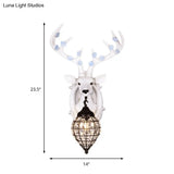 Deer Head Wall Lamp: Countryside Resin Sconce With Lantern Crystal Shade In White/Brown