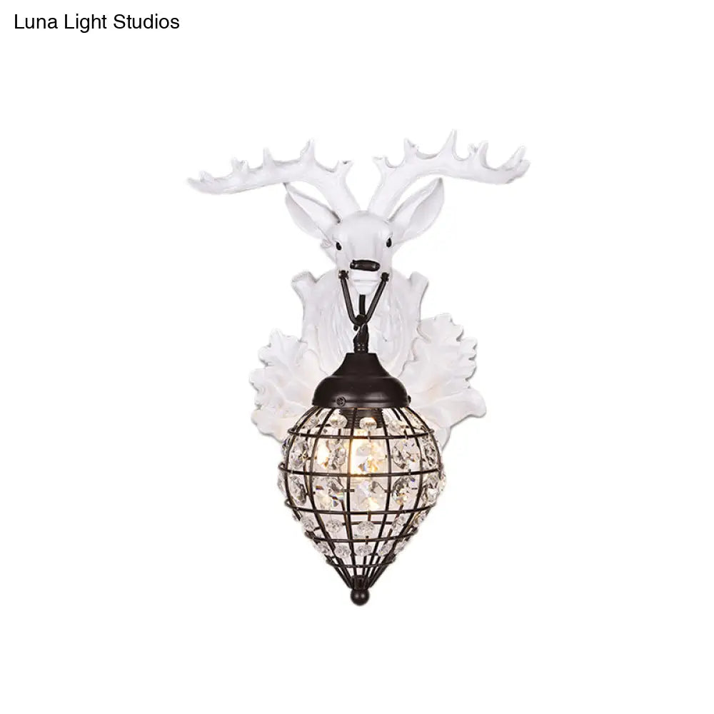 Deer Head Wall Lamp: Countryside Resin Sconce With Lantern Crystal Shade In White/Brown