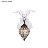 Deer Head Wall Lamp: Countryside Resin Sconce With Lantern Crystal Shade In White/Brown