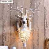 Deer Head Wall Light Fixture: Resin Sconce With Crystal Shade