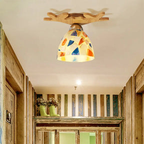 Deer Horn Antique Ceiling Mount Light: Beige Glass Lamp For Shops