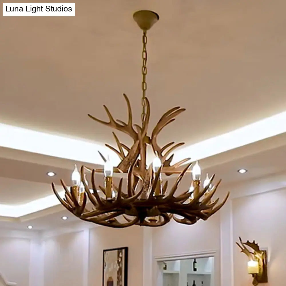 Deer Horn Ceiling Light - Brown Resin Traditional Chandelier For Living Room