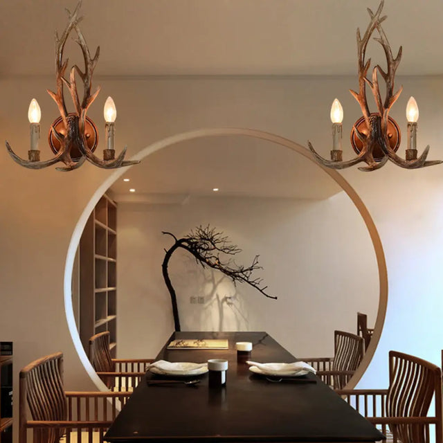 Deer Horn Resin Open Bulb Wall Lamp - 1 Light Lodge Country Sconce For Kitchen Brown