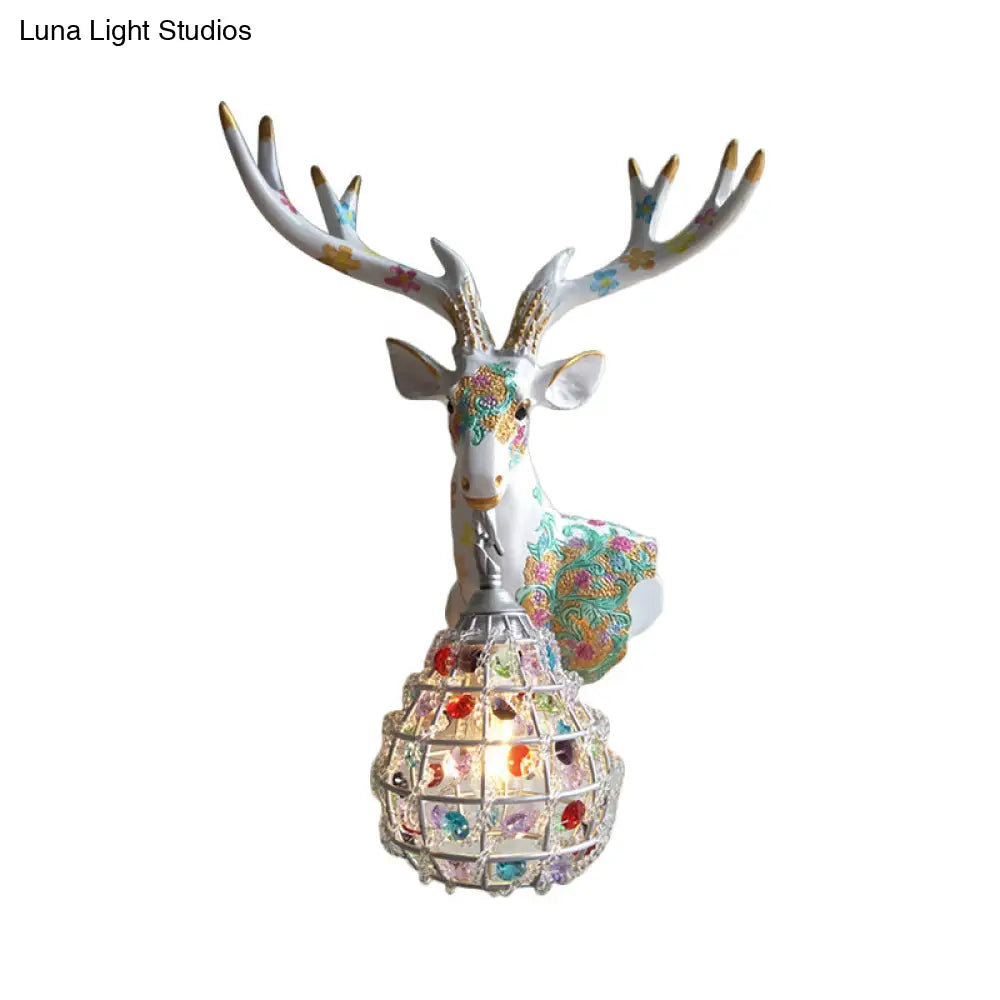 Deer Sconce 1-Light Resin Wall Mount Lighting In Black/Pink/Yellow With Crystal Shade - Bedroom