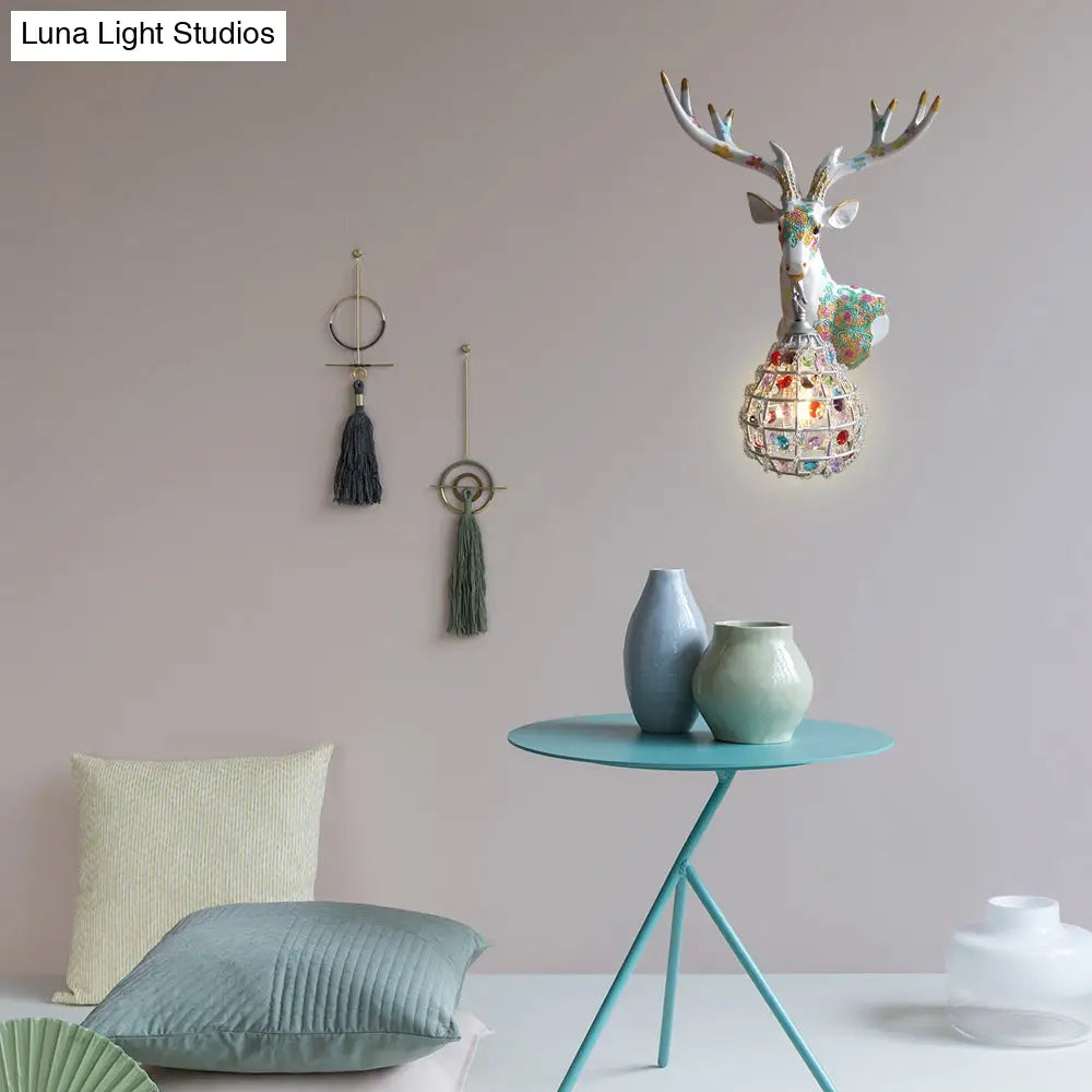 Deer Sconce 1-Light Resin Wall Mount Lighting In Black/Pink/Yellow With Crystal Shade - Bedroom