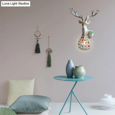 Deer Sconce 1-Light Resin Wall Mount Lighting In Black/Pink/Yellow With Crystal Shade - Bedroom