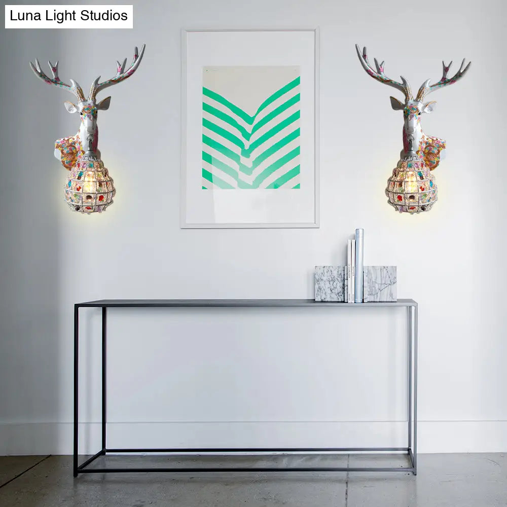 Deer Sconce 1-Light Resin Wall Mount Lighting In Black/Pink/Yellow With Crystal Shade - Bedroom