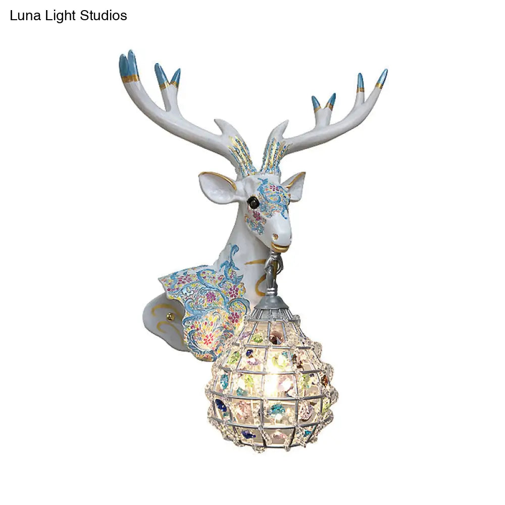 Deer Sconce 1-Light Resin Wall Mount Lighting In Black/Pink/Yellow With Crystal Shade - Bedroom