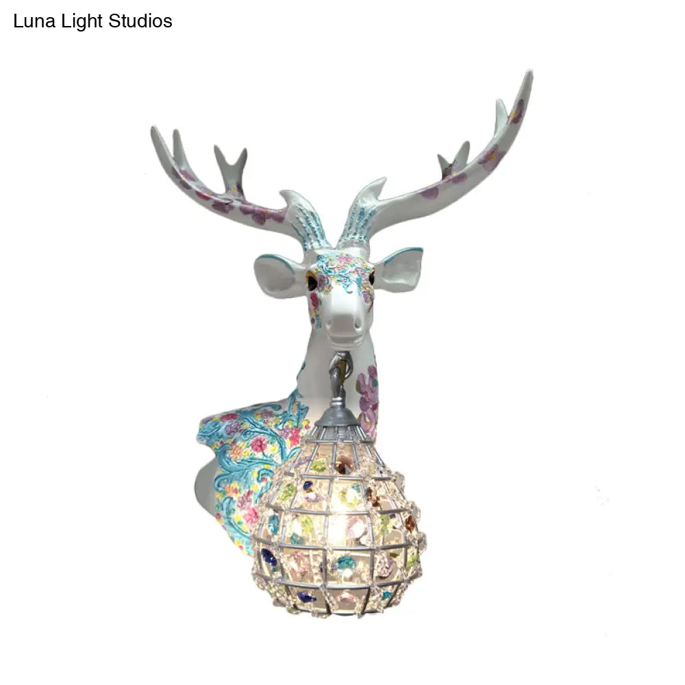 Deer Sconce 1-Light Resin Wall Mount Lighting In Black/Pink/Yellow With Crystal Shade - Bedroom