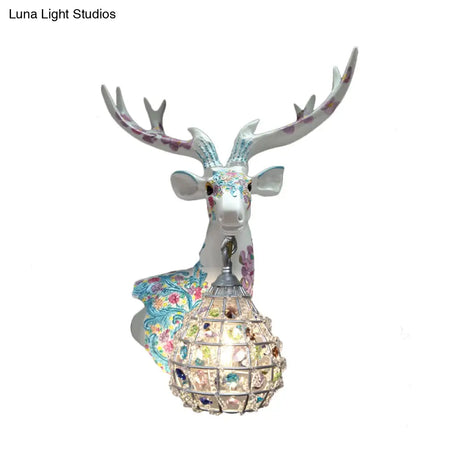 Deer Sconce 1-Light Resin Wall Mount Lighting In Black/Pink/Yellow With Crystal Shade - Bedroom