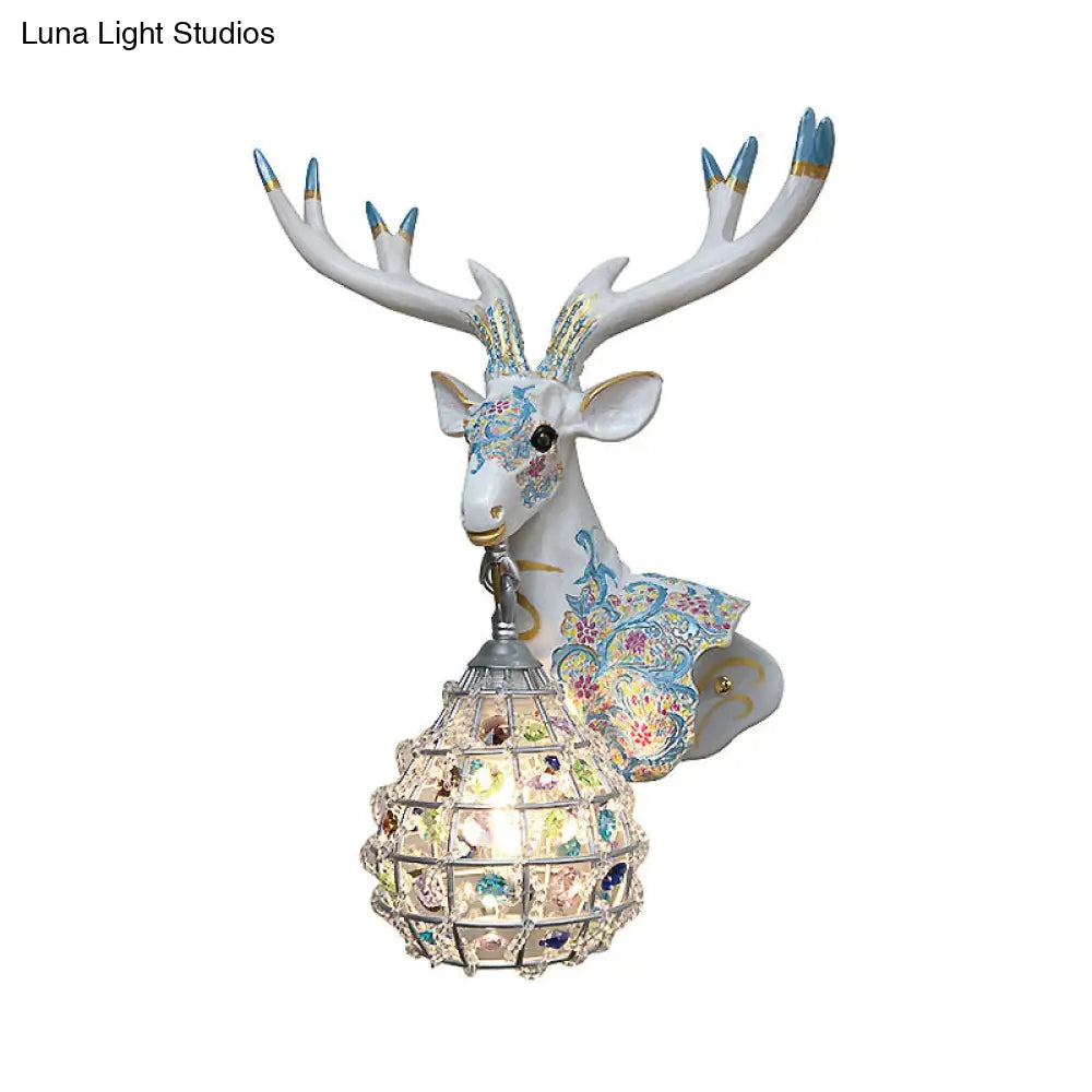 Deer Sconce 1-Light Resin Wall Mount Lighting In Black/Pink/Yellow With Crystal Shade - Bedroom