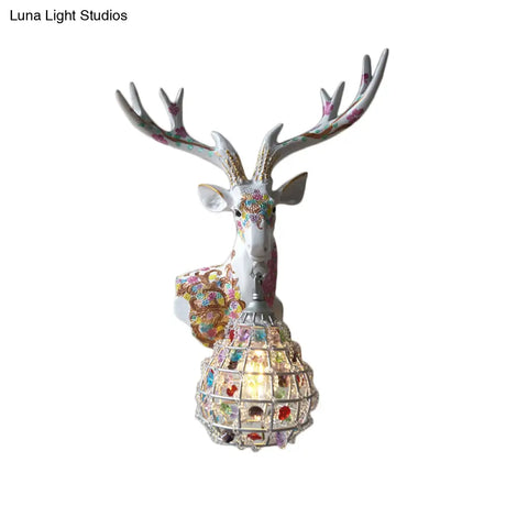 Deer Sconce 1-Light Resin Wall Mount Lighting In Black/Pink/Yellow With Crystal Shade - Bedroom
