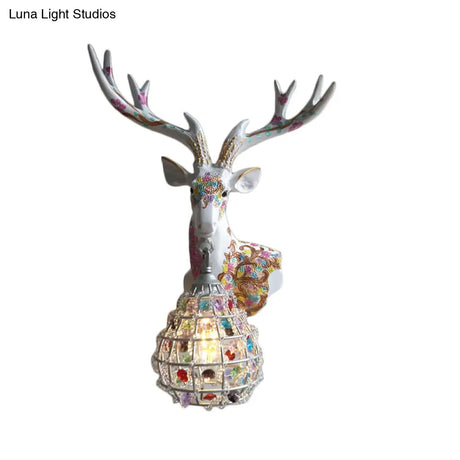 Deer Sconce 1-Light Resin Wall Mount Lighting In Black/Pink/Yellow With Crystal Shade - Bedroom