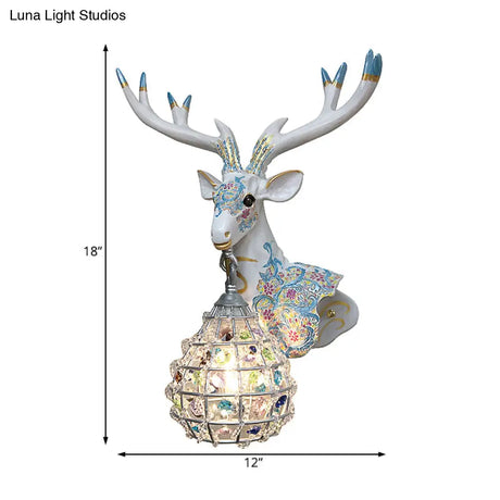 Deer Sconce 1-Light Resin Wall Mount Lighting In Black/Pink/Yellow With Crystal Shade - Bedroom