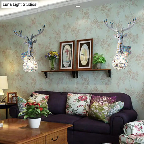 Deer Sconce 1-Light Resin Wall Mount Lighting In Black/Pink/Yellow With Crystal Shade - Bedroom