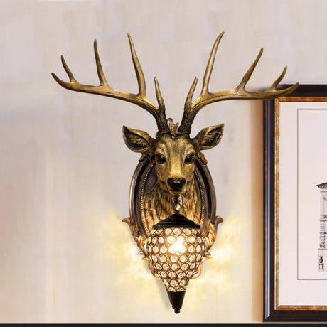 Deer Shaped Wall Mounted Light With Hand-Cut Crystal Shade - Cottage Style Sconce 1 Bulb Bronze