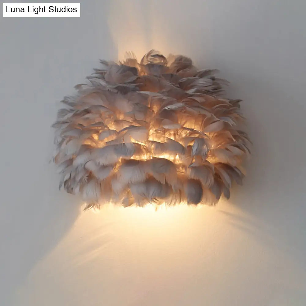 Designer Half Globe Wall Sconce With Feather Accent White/Grey Finish