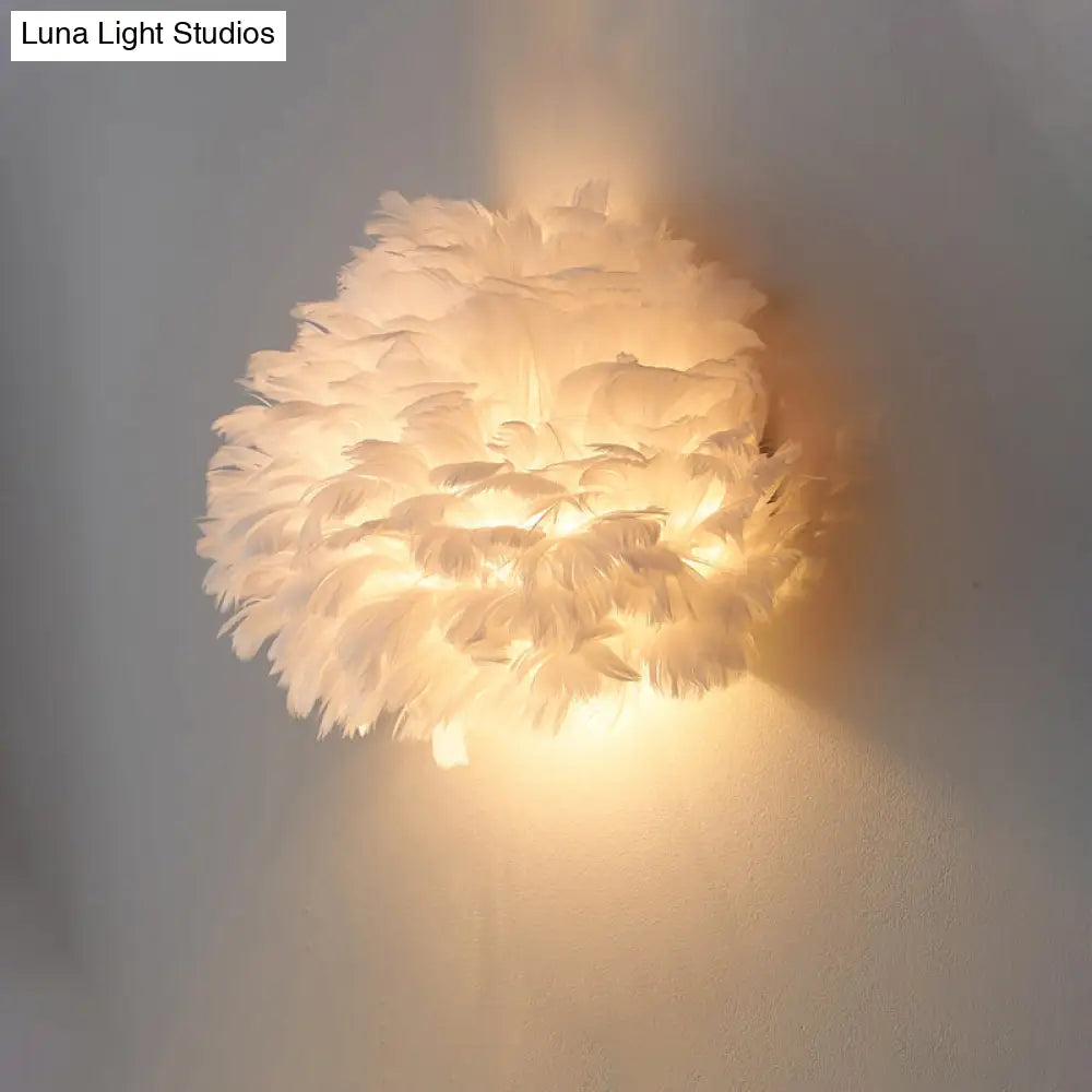 Designer Half Globe Wall Sconce With Feather Accent White/Grey Finish