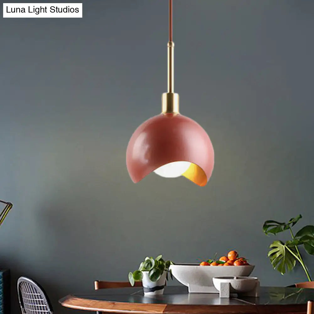 Designer Red Quarter Sphere Pendant Lamp With Waveform Edge And Metal Suspension Light