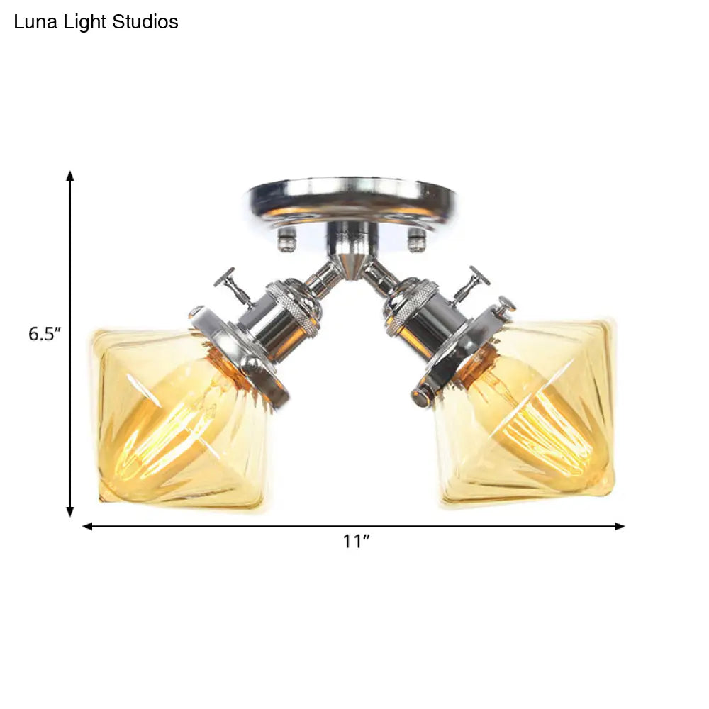 Diamond Amber/Clear Glass Semi Mount Farmhouse Light Fixture - 2 - Light Flush Black/Bronze Design