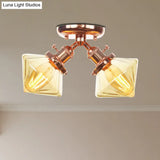Diamond Amber/Clear Glass Semi Mount Farmhouse Light Fixture - 2 - Light Flush Black/Bronze Design