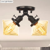 Diamond Amber/Clear Glass Semi Mount Farmhouse Light Fixture - 2 - Light Flush Black/Bronze Design