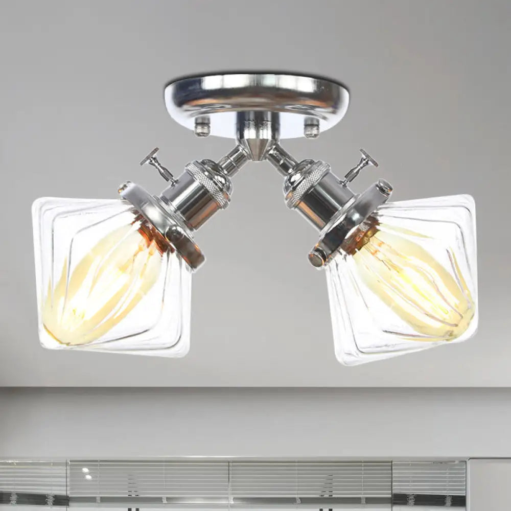 Diamond Amber/Clear Glass Semi Mount Farmhouse Light Fixture - 2 - Light Flush Black/Bronze Design