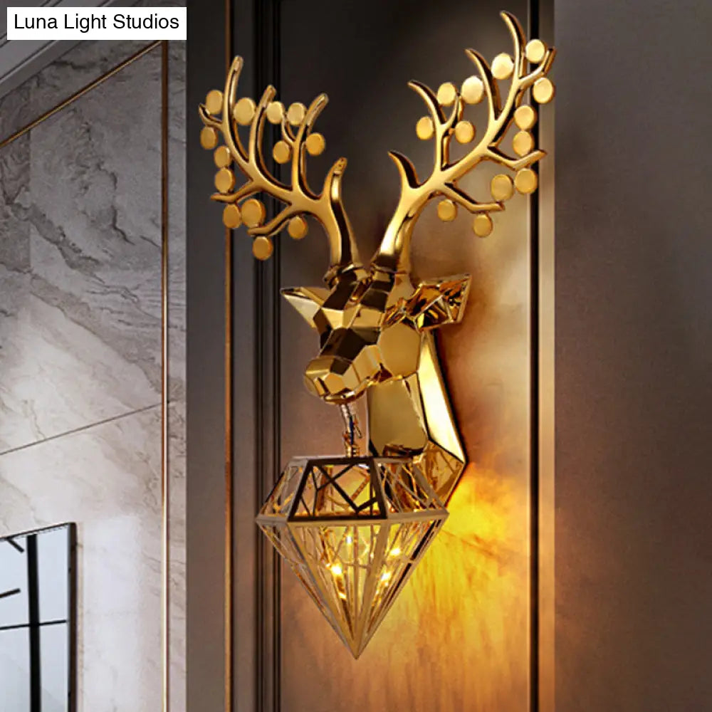 Diamond Cage Metal Wall Lamp - Vintage 1-Bulb Lighting In Black/Silver/Gold