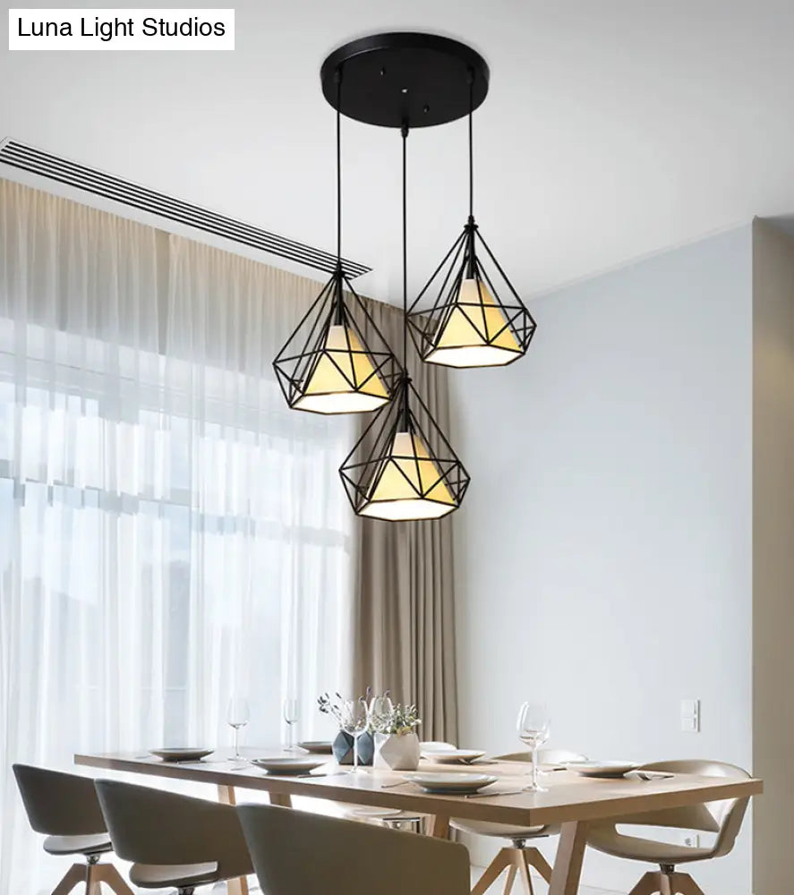 Diamond Cage Pendant With 3 Lights - Industrial Iron Ceiling For Bar Using Hanging Cord