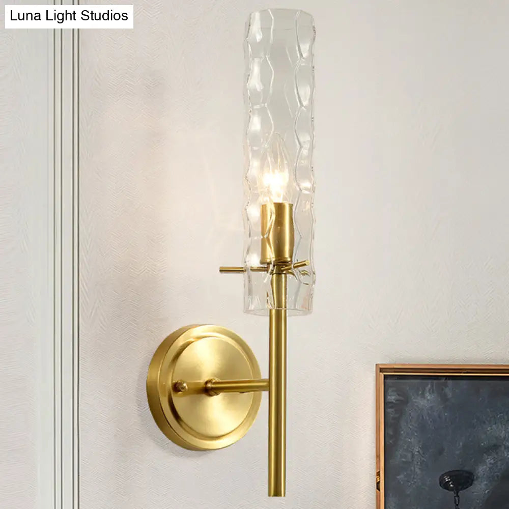 Dimpled Blown Glass Cylinder Wall Sconce - Modern 1 Bulb Brass Light Fixture