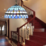 Dining Table Hanging Lights - Floral Shade Pendant Ceiling Lamp In Blue With Tiffany Style Art