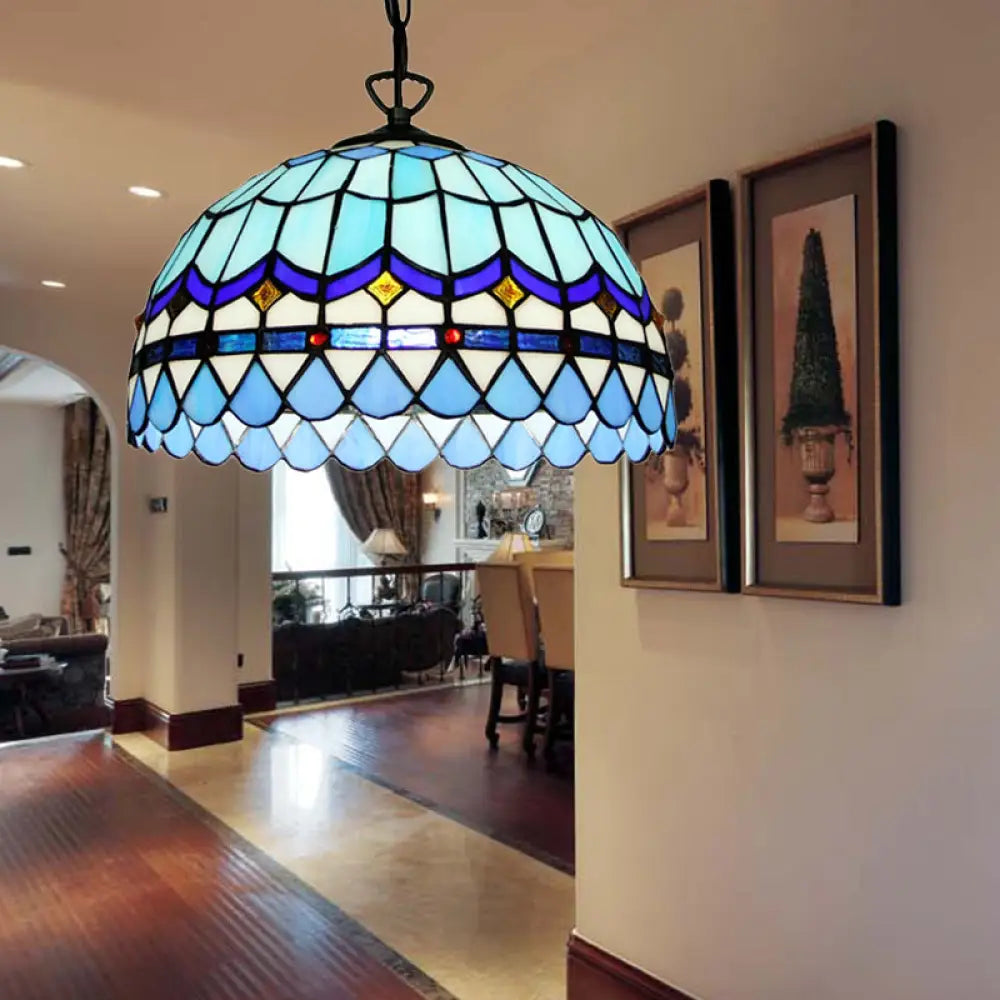 Dining Table Hanging Lights - Floral Shade Pendant Ceiling Lamp In Blue With Tiffany Style Art
