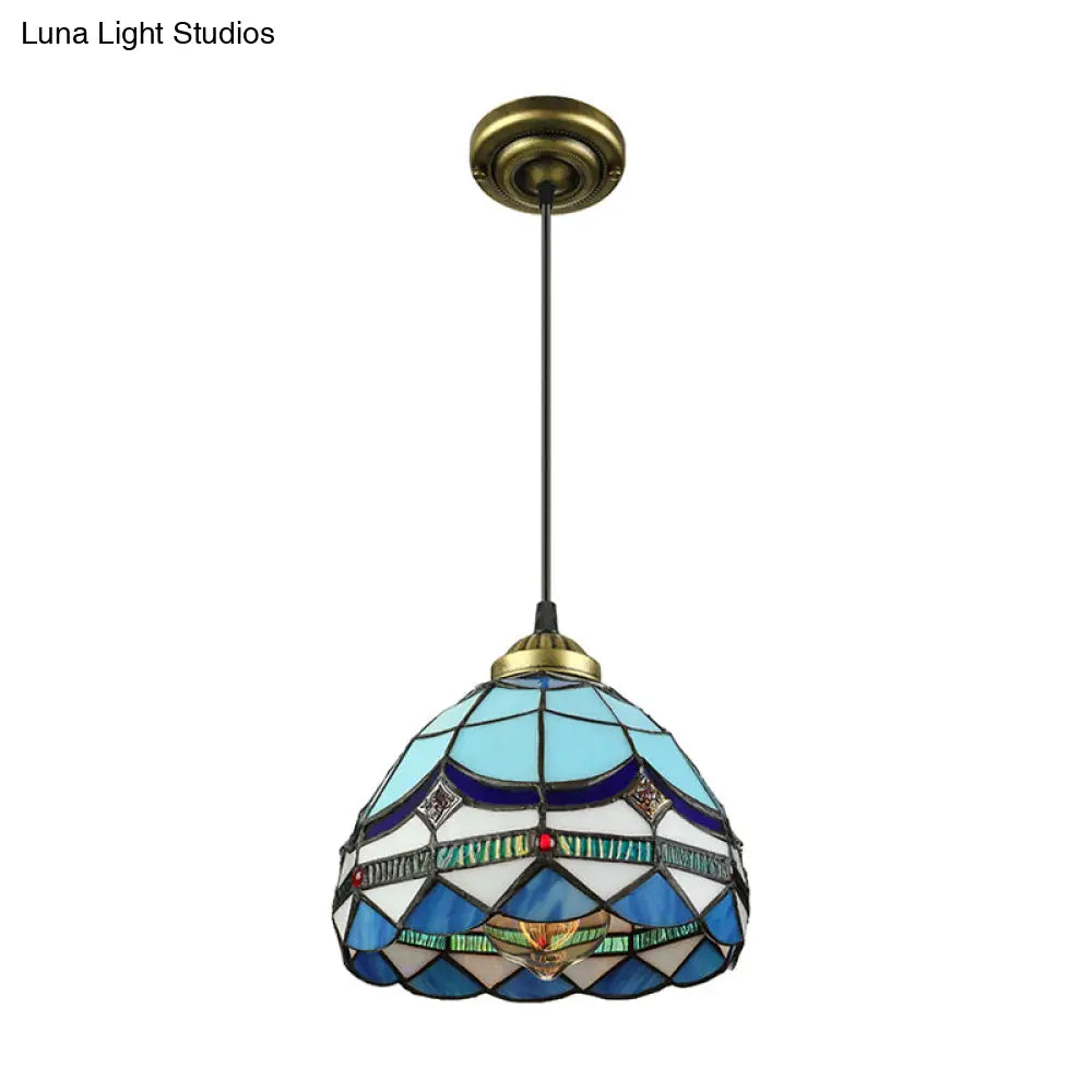 Dining Table Hanging Lights - Floral Shade Pendant Ceiling Lamp In Blue With Tiffany Style Art Glass