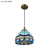 Dining Table Hanging Lights - Floral Shade Pendant Ceiling Lamp In Blue With Tiffany Style Art Glass