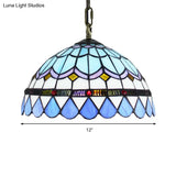 Dining Table Hanging Lights - Floral Shade Pendant Ceiling Lamp In Blue With Tiffany Style Art Glass