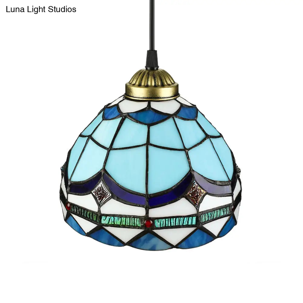 Dining Table Hanging Lights - Floral Shade Pendant Ceiling Lamp In Blue With Tiffany Style Art Glass