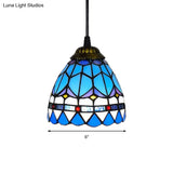 Dining Table Hanging Lights - Floral Shade Pendant Ceiling Lamp In Blue With Tiffany Style Art Glass