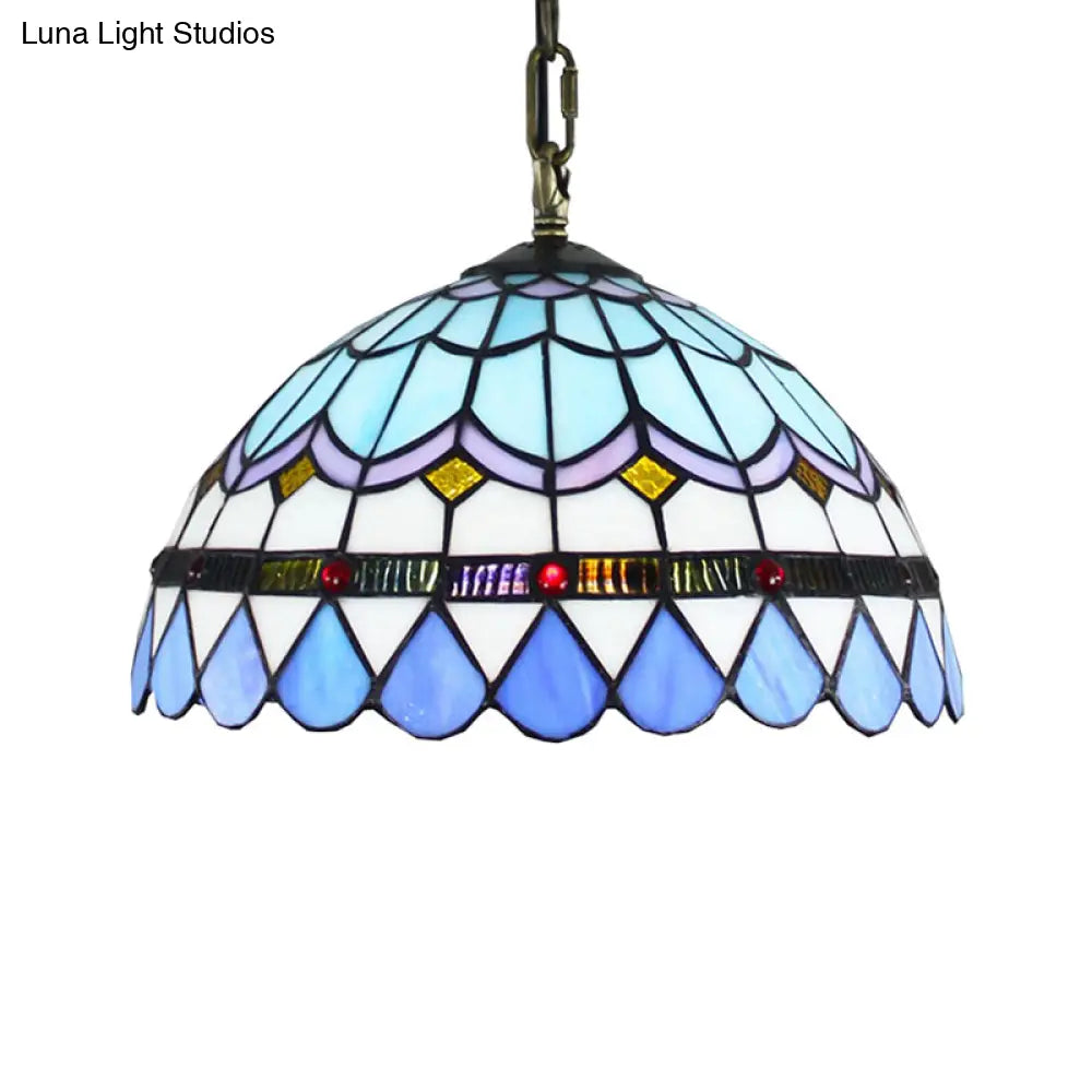Dining Table Hanging Lights - Floral Shade Pendant Ceiling Lamp In Blue With Tiffany Style Art Glass