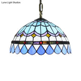 Dining Table Hanging Lights - Floral Shade Pendant Ceiling Lamp In Blue With Tiffany Style Art Glass