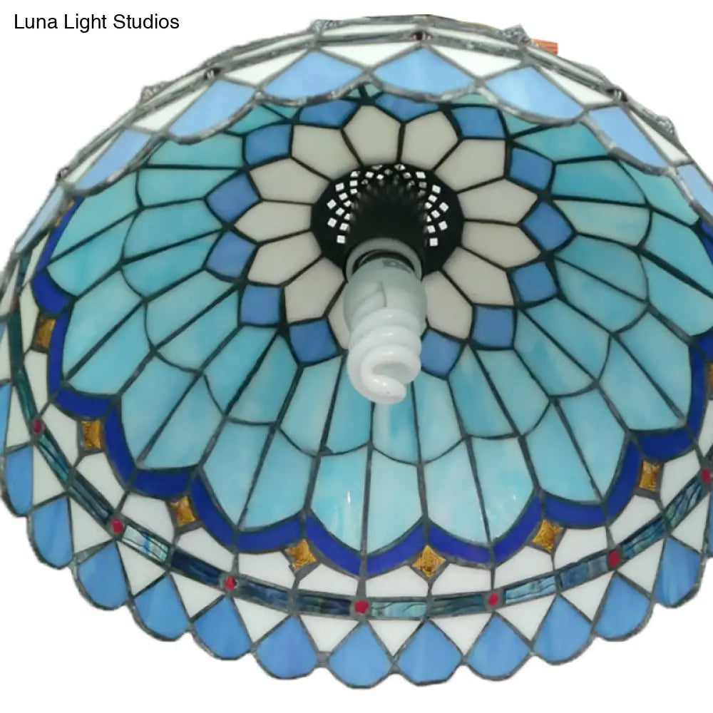 Dining Table Hanging Lights - Floral Shade Pendant Ceiling Lamp In Blue With Tiffany Style Art Glass