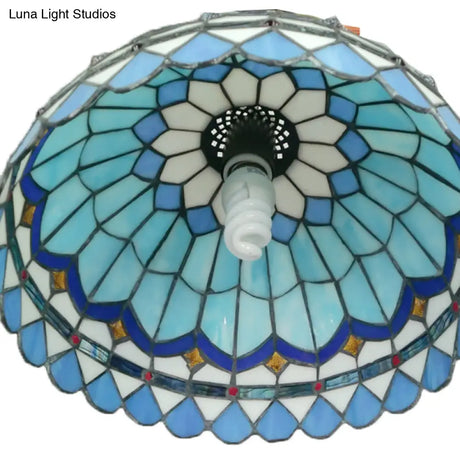Dining Table Hanging Lights - Floral Shade Pendant Ceiling Lamp In Blue With Tiffany Style Art Glass