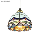 Dining Table Hanging Lights - Floral Shade Pendant Ceiling Lamp In Blue With Tiffany Style Art Glass