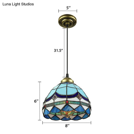 Dining Table Hanging Lights - Floral Shade Pendant Ceiling Lamp In Blue With Tiffany Style Art Glass