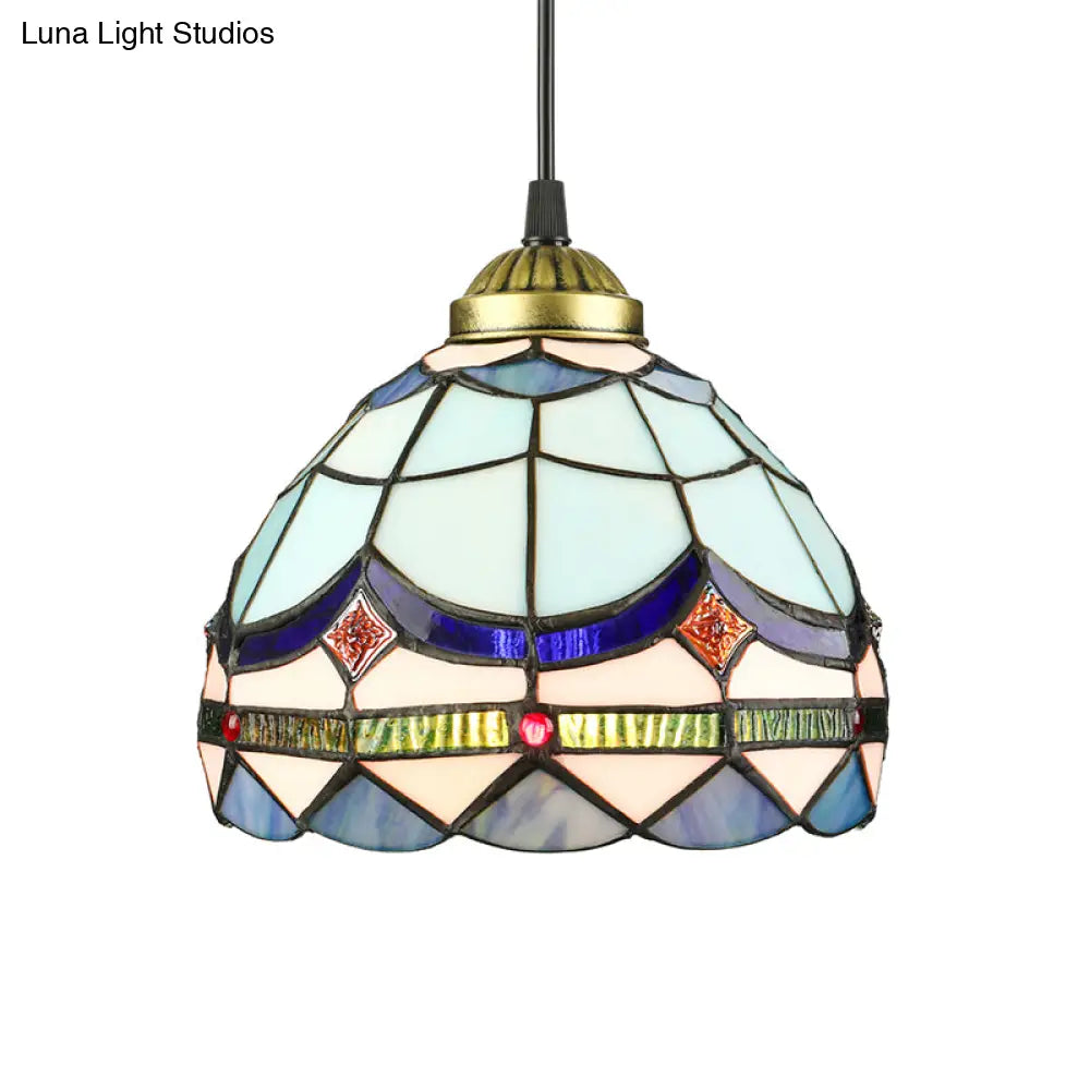 Dining Table Hanging Lights - Floral Shade Pendant Ceiling Lamp In Blue With Tiffany Style Art Glass