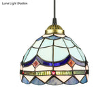 Dining Table Hanging Lights - Floral Shade Pendant Ceiling Lamp In Blue With Tiffany Style Art Glass