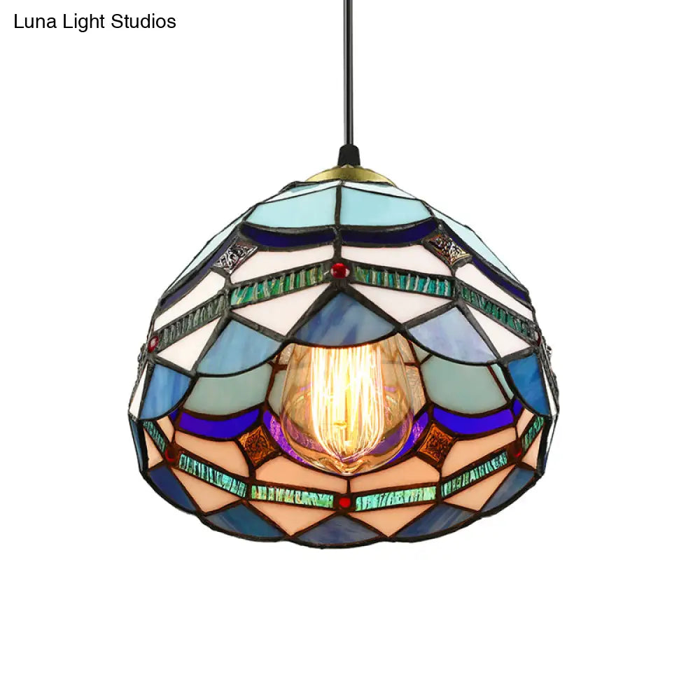 Dining Table Hanging Lights - Floral Shade Pendant Ceiling Lamp In Blue With Tiffany Style Art Glass