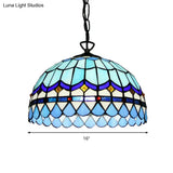 Dining Table Hanging Lights - Floral Shade Pendant Ceiling Lamp In Blue With Tiffany Style Art Glass