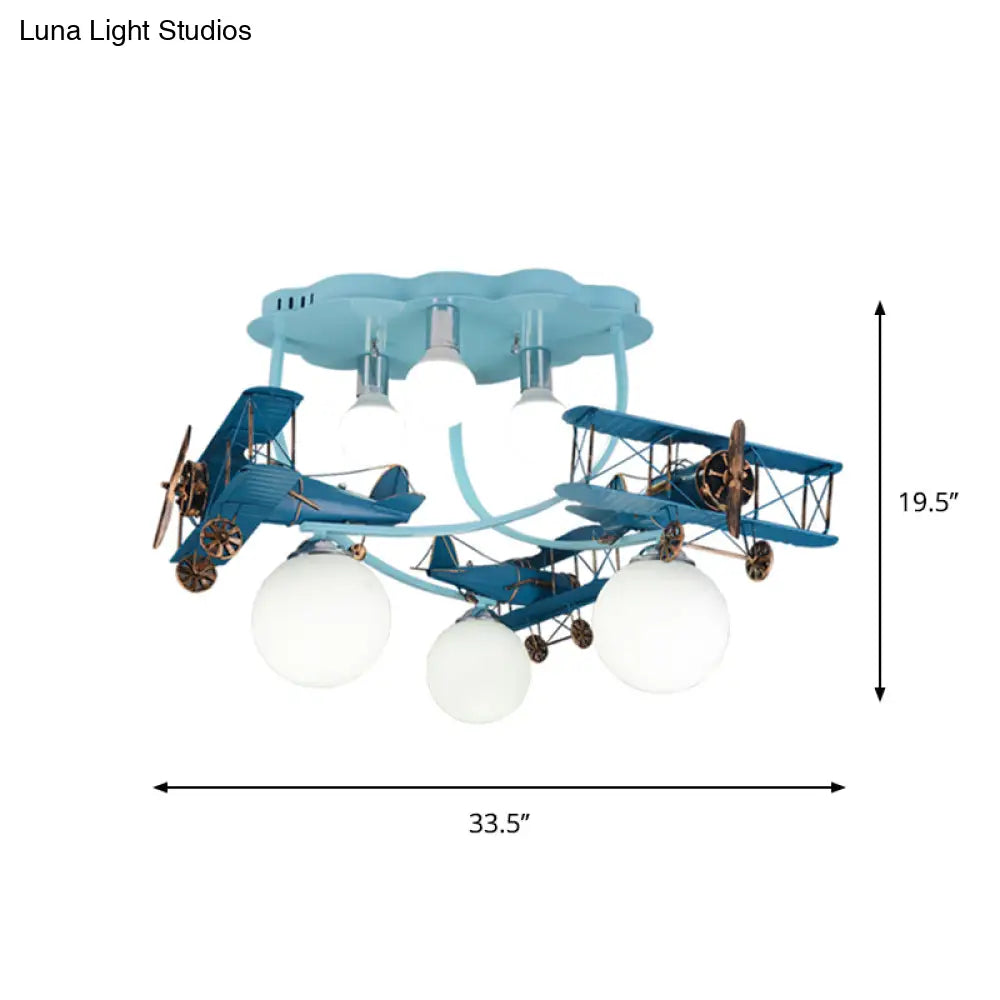 Distressed Blue Wood Plane Ceiling Light With Milk Glass Shade - 6 Bulb Flushmount