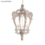 Distressed White Wood Hanging Chandelier For Classic Living Rooms - Caged Suspension Pendant Light